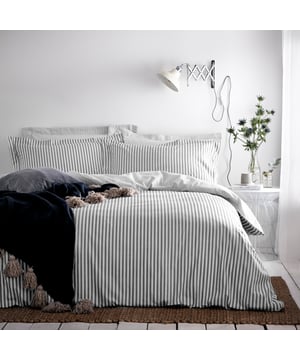 This duvet cover set is both a contemporary and classic addition to your home. The reversible subtle mélange print provides a luxurious woven striped appearance. The included matching pillowcases creates a simple yet relaxed look with their Oxford Borders; alongside the reversible stripe design that adds an effortless relaxed look to your bedroom. Choose your favourite side to fit with your style or flip sides to give your bedroom a midweek refresh. Single size includes one matching pillowcase measuring 50 x 75cm (20" x 30"), Double/King Size includes two matching pillowcases measuring 50 x 75cm (20" x 30").