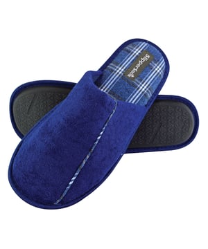 Relax your feet in these super soft and lightly cushioned mule slippers for men. Whether you're working from home, or lounging around indoors, these mule slippers are soft to the touch! Why not treat a loved one, or yourself, to these comfortable and warm mule slippers? They feature a light cushioned sole to help alleviate any pressure and fatigued feeling you may experience in your heels. The insole has a chequered pattern for a trendy look which will match any pair of socks and casual lounge wear! Made from indoor use, these mule slippers have a non-slip hard wearing sole to prevent any slipping or sliding on tiled or wooden flooring. If you're looking to make a fashion statement, these slippers feature a trim on top and around the slipper. With a convenient hands-free slip-on style, these slippers have a spacious opening back design, making them easy to slip on and off. These slippers are available in colours Navy and Grey. They come in mens sizes 7-12 UK, 41-46 EU, 8-13 US.