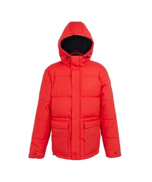 Outer Materials: 100% Polyester. Filling: Faux Down, Feather-Free, Heavyweight, Recycled. Fabric: Micro Taslan. Lining: Polyamide. Design: Badge, Quilted. Fabric Technology: DWR Finish, Insulating, Water Repellent. Neckline: Hooded, Standing Collar. Sleeve-Type: Long-Sleeved. Hood Features: Grown On Hood, Toggle Adjuster. Pockets: 2 Lower Pockets, Patch, Zip, 1 Internal Pocket. Fastening: Snap Closure, Stormflap, Zip. Hem: Adjustable, Shockcord Hem. Sustainability: Environmentally Friendly, Made from Recycled Materials. S: 38 in. M: 40 in. L: 42 in. XL: 44 in. XXL: 48 in. 3XL: 51 in.