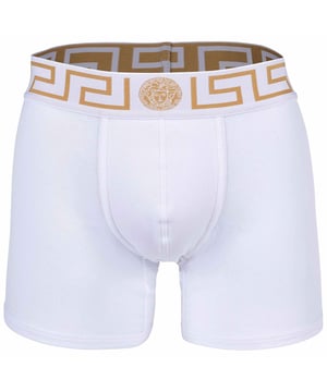 Elegante Herren Boxer Shorts der Marke VERSACE. Hochwertige einfarbige Unterhosen. Greca-Muster und Medusa-Motiv am elastischen Bund.