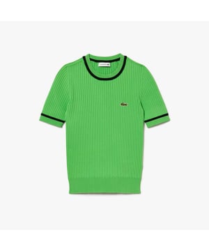 Womens Lacoste Seamless 3D Knit Ribbed SweaterThis short-sleeved sweater in an innovative 3D stretch fabric is the perfect blend of sporty styling and fashion. With a seamless  anti-chafe design for the ultimate in comfort. Plus iconic finish details.- Crew neck - Fine contrast stripes - Embroidered crocodile on chest - 70% Rayon-viscose  30% Polyester.  Machine washable.- Ref: AF6946-IUQ
