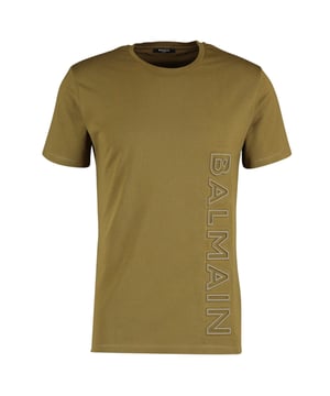 Balmain Brand Embossed Logo Khaki Green T-Shirt. Look your best while staying comfortable with this stylish Balmain Khaki T-shirt. Crafted from high-quality fabric, this piece flaunts a classic crew-neck design and decorated with the iconic Balmain logo Along Left Side. Dare to stand out!. 100% Cotton, Branded Logo. Slim Fit,. Crew Neck, Short Sleeve. Style: YH1F022 S8794 EAB