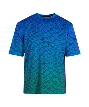Camiseta azul Off-White, logo Off-White en el frente, cuello redondo, mangas cortas. 86% poliamida, 14% elastano, fabricado en Rumania, camiseta deportiva, ropa de gimnasio