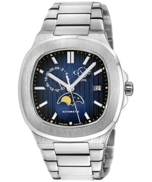 Reloj automático suizo para hombre GV2 18401B de la colección Potente Reloj automático suizo para hombreGV2 de la colección Potente. Caja de acero inoxidable 316L de 40 mm, esfera texturizada azul con cojín de alfiler. Corona de empuje y tracción, fecha y fase lunar a las 6 en punto, indicador de día/noche a las 10 en punto. Manecillas e índices luminosos. Pulsera de acero inoxidable 316L con hebilla desplegable. Cristal de zafiro antirreflectante. Resistente al agua hasta 50 metros / 5ATM. Automático suizo de fabricación, fecha y fase lunar, Sellita SW285-1A.