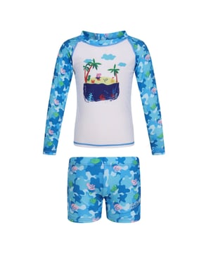 The kids' Peppa Pig Rash Suit from Regatta will have them beach ready in no time. Long-sleeved rash vest with matching shorts for splashing around the paddling pool or building sandcastles by the sea. Made from soft-touch stretch fabric that's kind on their skin and the environment. Material: 85% Polyester (Recycled), 15% Elastane. Ref: RKM021BIE.
