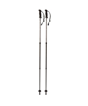 50% aluminium, 25% carbide, 25% rubber. Verstelbare polsriem. Antischoksysteem. 135 cm volledig uitgeschoven, 69 cm volledig ingeklapt.