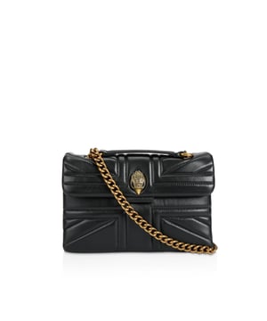 The Kurt Geiger Kensington Union Jack bag is crafted from a soft lambskin leather with stitched Union Jack design. The antiqued brass eagle head features crystals on the front flap. 17cm (H), 26cm (L), 8cm (D) Strap drop cross body: 108cm Strap drop shoulder: 65cm