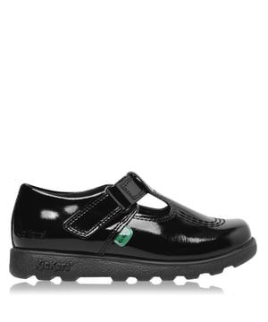 Infant Girls Kickers Fragma T-Bar Patent Shoes in Black- Hook and loop strap fastening- Shiny patent leather upper- Classic triple stitch detail- Iconic red and green logo tabs- Ridged rubber sole for traction and durability- Embossed branding to side- Leather Upper  Textile Lining  Synthetic Sole- Ref: 115178
