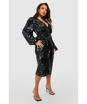 This plus size wrap dress is about to become your new go-to. With a wrap-around design that cinches you in at the waist and creates a soft V neckline, there's no denying a plus wrap dress deserves a place in your dresses collection. Whether you're loving floral styles, understated black or statement red for date night, it's time to show off your figure in this flattering dress.Style: Wrap DressFabric: SequinLength: MidiSleeve Length: Long Sleeve