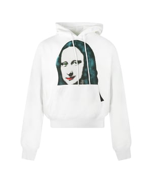 Sudadera con capucha blanca con logo estampado Mona Lisa. Sudadera con capucha blanca blanquecina. Impresión de Mona Lisa. Terminaciones elásticas en mangas y dobladillo. Capucha ajustable con cordón. Código de estilo: OMBB037E20FLE0090110