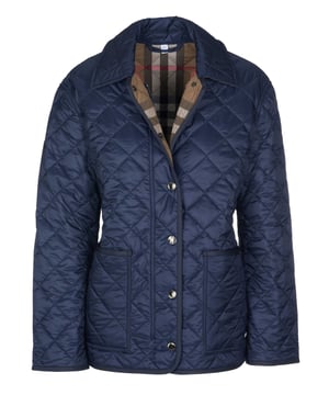100% polyester; Burberry Dalry gewatteerd jack;  Model: 80841981;  Hoogwaardige afwerking;  Klassieke kraag;  Lichtgewicht overgangsjack;  Sluiting: ritssluiting, zes drukknopen;  Twee voorzakken;  Geruite voering typisch voor het label;  diamant quilten;  Burberry-logodetails
