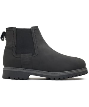 Mens black Chatham Marine northill boots, manufactured with leather and a rubber sole. Featuring: heel loop, chatham branding, padded insole and cleated sole.