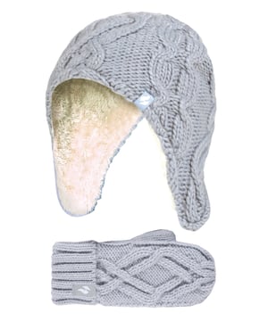 Introducing these cable cosy knitted-like design on hats and mittens for girls! For a much warmer and cosy feel, these Heat Holders matching set of hats and mittens include Heatweaver® insulation which is a plush fur-like thermal lining that maximizes the amount of warm air held close to the skin. Heat Holders use a specially developed thermal yarn provides high performance insulation against cold with superior moisture breathing abilities. Their stretchable construction contours around the natural shape of your body for improved fit, warmth and comfort. These hats feature an adorable pom pom detail on the top of the hat, and the end of the long ear flaps, further providing more warmth and comfort to your child's head. The mittens feature a cosy turn over cuff which enables you to adjust the cuff at the wrists. The cable knit design offers a Winter look which will complete any Winter ensemble! Whether you're looking to keep your daughter warm or look stylish, these cute hat and mittens will do just the job this Winter! Let your child play in snow whilst staying warm in these super soft winter collection. Stock up for the cold season with these lovely Heat Holders warm and mittens for your child. These hat and mittens come in 4 different colours of Frost Grey, Buttercream, Dusty Blue, and Dusky Pink. They are available in ages 3-6 years.