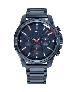 This Tommy Hilfiger Mason Multi Dial Watch for Men is the perfect timepiece to wear or to gift. It's Blue 45 mm Round case combined with the comfortable Blue Stainless steel will ensure you enjoy this stunning timepiece without any compromise. Operated by a high quality Quartz movement and water resistant to 3 bars, your watch will keep ticking. This sporty and fashionable watch gives you a unique feeling in every outfit! -The watch has a calendar function: Day-Date, 24-hour Display High quality 21 cm length and  20 mm width Blue Stainless steel strap with a Fold over with push button clasp Case diameter: 45 mm,case thickness: 10 mm, case colour: Blue and dial colour: Blue