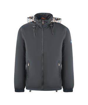 Aquascutum Plain Black Hide Hood Lightweight  Jacket. This Aquascutum Black Lightweight Jacket features Brand Hood, with the signature print. Its windbreaker fabric also provides excellent protection against the elements. Central Zip Closure, Zip Closure Pockets, Regular Fit. Branded Print On Inner Hood, Plain Jacket, Hooded Coat. Thin Coat, Pulls On The Hood, 100% Polyester. Style Code: JK007 16