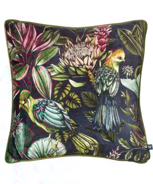 The Leilani Twilight cushion features two elegant birds nestled among striking tropical flowers. Hand-painted and printed with fine detail, its vibrant palette contrasts vivid hues against deep midnight tones. This bold yet charming piece adds a touch of exotic elegance and sophistication to any space.