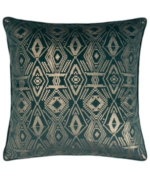 A myriad of golden diamonds adorns this mesmeric velvet cushion. The glistening metallic foil printed pattern shines in the light and stands out against the bold jewel-toned backgrounds. The cushion is surrounded by a matching piped trim, hidden zip closure, and a plain, soft velvet reverse. A fantastic addition to a home which loves to show off and stand out.