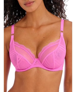 Freya Freya Fatale Plunge Bra. Lace trim neck edge with sheer top cups and lace bottom cups. This product is recommended as hand wash only.