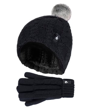 Keep your child warm in this dreary Winter weather with this Faux Fur Pom Pom Hat and gloves for girls. Ideal for snow sports or any outdoor activities, this hat and gloves set will retain heat and warmth close to skin whether your child is throwing snowballs or enjoying a Winter stroll. Designed with specially developed thermal yarn, this set provides high performance insulation against cold with superior moisture breathing abilities. The stretchable construction contours around the natural shape of your body for improved fit, warmth and comfort. Heat Holders products, including this set of hat and gloves, features a HeatWeaver insulation which is a plush fur-like thermal lining that maximises the amount of warm air held close to the skin. The matching hat and gloves features a unique cable knit like design, making this set an essential Winter wardrobe collection! They also have a ribbed turn over cuff on the gloves for a more comfortable fit to the wrist. Additionally, the pull on beanie style features a ribbed turn over cuff for a stylish Winter look. This feature also allows a better and improved fitting to the head. Keep ears warm and toasty in this faux fur pom pom bobble hat! This set of hat and gloves are available in 5 colours of Oatmeal Twist, Navy, Black, Dusty Grey, and Dusky Pink. These hats and gloves are available in 7-10 years.