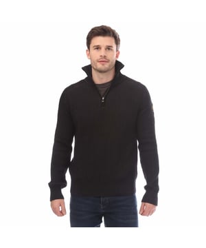 Heren Belstaff Cotton Wool Rib Stanley Quarter Zip Trui in zwart.- Trechtervormige hals met kwart rits.- Geribde manchetten en zoom.- 7 gauge platte ribtrui.- Belstaff phoenix patch op linkermouw.- Normale pasvorm.- 80% Katoen 20% Wol.- Ref: 105373BCHRC