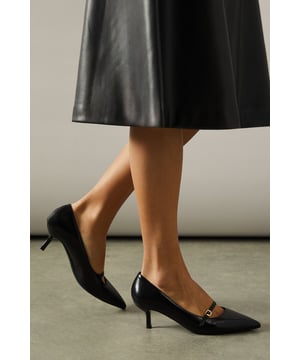 Pointed toe design for a sleek, sophisticated look
        Mary Jane style with adjustable strap and gold-tone buckle
        Kitten heel measuring between 5 and 6.5cm for comfortable wear
        Faux leather construction offering a polished appearance
        Versatile court shoe silhouette suitable for various occasions
    
    The Brystan Pointed MaryJane Kitten Heel Court Shoe from Wallis is a versatile and chic addition to your footwear collection. These elegant shoes strike the perfect balance between style and comfort, making them ideal for the woman who values both sophistication and practicality. The pointed toe and Mary Jane strap with its gleaming gold-tone buckle add a touch of refinement, while the kitten heel provides stability and ease of movement. Pair these shoes with a tailored midi skirt and blouse for a polished office look, or style them with a cocktail dress for evening events. Their day-to-night versatility means you can confidently transition from desk to dinner without missing a beat. The Brystan court shoe is a testament to Wallis's commitment to creating fashionable yet functional pieces for the modern woman who appreciates timeless elegance.