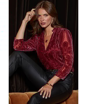 Add it to your nice top line-upSexily sheer fabric with a stunning devore print Tassel trimmed tie neckline for an on-trend boho vibe Cut for a comfy relaxed fit Framed by a ruffled high neck and ruched sleeves Create a luxe tonal look with burgundy leather trousers