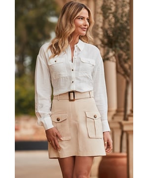 Neutrals are so now
Trending safari pocket detail
Contrast buckle and buttons for a luxe look
Thigh-grazing mini hem
Add polish with a linen shirt and heels
Dress it down with a tee, shacket and trainers