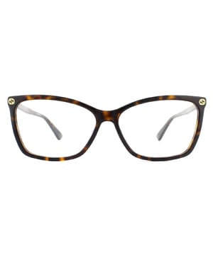 Gucci Glasses Frames GG0025O 002 Dark Havana Women are a gorgeous cat eye style crafted from lightweight acetate and features the interlocking Gucci GG logo on the frame corners, and the bee logo on one temple tip.