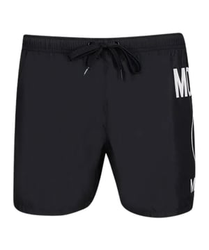 Moschino Black Swim Shorts, Elasticated Waistband, Drawstrings, MIlano Style, 100% Polyester, Made In Tunisia, Large Brand Logo Down Shorts Leg, Brand Logo, Black Swim Wear