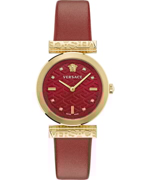 Deze Versace Regalia Analoge Horloge voor Dames is het perfecte tijdstuk om te dragen of om cadeau te geven. De gouden ronde kast van 34 mm, gecombineerd met de comfortabele rode leren horlogeband, zorgt ervoor dat je van dit prachtige tijdstuk kunt genieten zonder enige concessies. Aangedreven door een hoogwaardige quartz beweging en waterbestendig tot 3 bar, blijft je horloge tikken. Dit horloge van hoge kwaliteit is een ongelooflijk opvallend dameshorloge. Het analoge horloge heeft een Zwitserse gemaakte beweging, een hoogwaardige rode leren band van 19 cm lang en 17 mm breed met een gesp. Kastdiameter: 34 mm, kastdikte: 8 mm, kastkleur: goud en wijzerplaatkleur: rood.