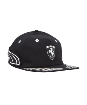 PRODUCT STORY: Inspired by the 70's Ferrari Racing retro and vintage style, this collaboration with Joshua Vides brings his hand-painted signature style to daily life for a unique Motorsports look that's blended into this flat brim cap, which has a detachable PUMA Formstrip on each side and a some cool graphic elements under the visor that shows off the artist's style. FEATURES & BENEFITS: Made with at least 30% recycled material as a step toward a better future. DETAILS: 5-panel flat brim cap;  Detachable PUMA Formstrip on both sides that can be attached on the PUMA Suede Joshua Vides sneaker;  Under visor graphic;  Snap closure;  SCUDERIA FERRARI x JOSHUA VIDES co-branding.