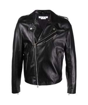 Eleva tu estilo con la chaqueta negra Off-White. Esta chaqueta confeccionada en Italia presenta un diseño industrial, perfecta para quienes aprecian la atencion al detalle. Demuestre su experiencia en moda y mantengase a la moda con esta pieza imprescindible., Cierre de cremallera, Cremallera con clip, Hecho en Rumania, Chaqueta negra blanquecina, Corte estandar, Material superior: 100% cuero, Ropa urbana, Chaqueta de cuero