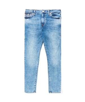 True Religion offers any variety of denim that you could seek. The Jennie style jeans skinny fit with lots of stretch  giving comfort whilst still hugging your figure. The devil is in the details with True Religion jeans  from the horseshoe pocket stitching  with flap closure to the contrast stitching. These jeans are quintessential for a cool  calm and collected look. -Mid Blue Wash-Raw Cut Hems-Horseshoe Stitching on Back Pockets-Skinny Fit-Mid Rise-Contrast Stitching-Metal Horse Shoe Detail on Watch Pocket-True Religion Branded Jacron