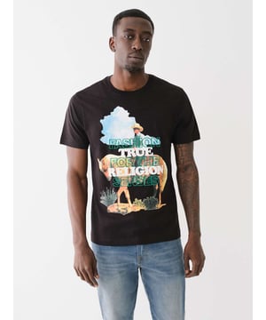 Unleash your inner cowboy with the Embroidered Cowboy Tee. Crafted from soft cotton knit, this men’s T-shirt features a crew neck and short sleeves. Finished with a front cowboy waterbase graphic with branded text embroidery.