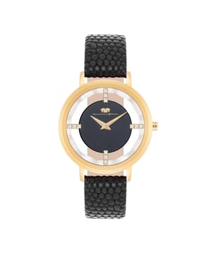 Do you love extravagant watches? Then this women's model from Rhodenwald & Söhne should not be missing in your collection: Reduced functionality combines with a modern interpretation of the skeleton look of traditional watchmaking to an eye-catcher on the wrist. A touch of skin shimmers between the dial and the bezel, bridged by four line indices, decorated with crystals from Swarovski®. The Sunray dial with Dauphine Zehern ensures a fascinating play of light. A scratch-resistant stainless steel housing with yellow gold cladding and a high-quality real leather strap with trendy carbon embossing complete the premium equipment.