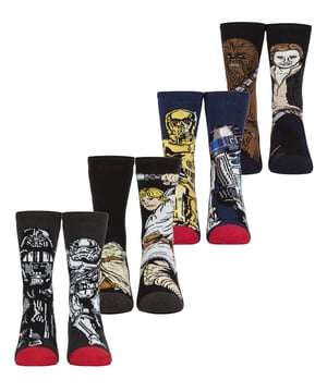 The Force is strong with these socks, and they've got the power to keep your little ones warm during the coldest days of winter. Available in a great 3 pair value pack these Star Wars Heat Holders are perfect for any young Jedi, and they're built to last! The thick & warm knit features a heatweaver lining and Heat Holders yarn to keep feet nice and cosy. This makes them perfect for wearing on those cold winter days when they’re out playing in the snow pretending they’re on Hoth. They come in a 3 pair value pack with 2 iconic characters per pair which include: Darth Vader & A Stormtrooper, Han Solo & Chewbacca, R2D2 & C3PO and Luke Skywalker & Yoda! Thick, chunky with a massive tog rating of 2.34, they are over 7X warmer than the basic cotton sock (0.33 tog)! This is as they have been made from a specially developed thermal yarn, which works to provide high performance insulation against the cold. As well as this, the Heat Holders Loops produce a unique pile of cushioning which holds in even more warm air, these extreme socks have an expert brushing process, causing the inside to be not only sensationally soft, but also helps to maximise the amount of warm air held inside each sock for total warmth and all day comfort. These socks come in a 3 pair value pack with 2 Characters per pair and are made from: 91% Acrylic, 5% Nylon, 3% Polyester, 1% Elastane. They are available in 2 kids sizes: 9-12 UK (27-30 EUR, 10-1 US) & 12.5-3.5 UK (30-36 EUR, 13-4 US) and are Machine Washable.