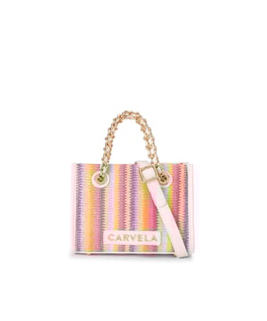 This Carvela Mini Leila Raffia Tote bag Is crafted from a rainbow striped woven raffia. There are two smaller gold chain straps on top of the bag and an optional cross body strap. Dimensions: 17cm (H), 20cm (L), 9cm (D). Strap length: 127cm.