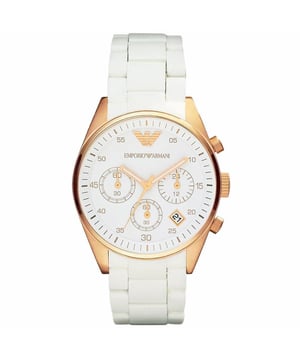 Stylish Ladie's Emporio Armani designer watch with rose gold plated steel detail complements the white band and dial perfectly. This sleek watch is complete with a date window, chronograph sub dials and a Japanese Quartz movement. EAN 4051432081873