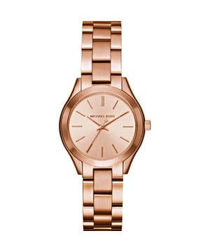 MODEL MINI SLIM RUNWAY GENDER LADIES CASE WIDTH 33mm CASE THICKNESS 8mm CASE MATERIAL STAINLESS STEEL STRAP MATERIAL STAINLESS STEEL MOVEMENT QUARTZ GLASS TYPE MINERAL CRYSTAL FUNCTIONS ONLY TIME WATER RESISTANCE 5 ATM SKU (MKODEL NUMBER) MK3513 Dial Colour Rose Gold Case Colour Rose Gold