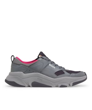 Mens BOSS Asher Running Trainers in grey.- Leather upper.- Lace up fastening.- BOSS branding on the side panels  tongue and heel counter.- EVA-rubber outsole.- Rubber sole.- Ref: 50493205-069