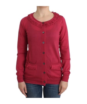 100% wool material
  Pink color
  Cardigan style
  Ruffle details
  Logo accents
  Front button closure
  Original tags and store bag included