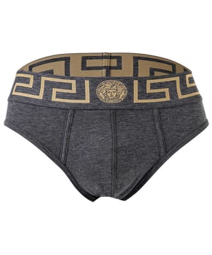 Eleganter Herren Slip der Marke VERSACE. Hochwertige einfarbige Unterhosen. Greca-Muster und Medusa-Motiv am elastischen Bund.