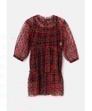 You've never plaid it so good! Our tartan mesh dress with cute flock spot detail in a easy to wear tie  silloutte featuring a matching bloomer. Also avaiable in Big Sister sizes.. About Me: 100% Polyester. Look After Me: Think Planet. Wash At 30C.
