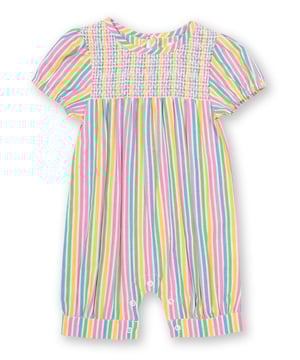 Sweetness and light! This colourful and breathable romper is perfect for sunny days. With soft gathered sleeves and smocking detail on the chest, it is both practical and pretty, and the perfect option for little crawlers, walkers and wrigglers! Match with the sweet stripe sun hat for the sweetest style this season.