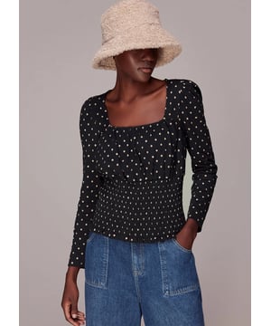 Elevate your weekend wardrobe with the Spot Square Top. This charming blouse features a flattering square neckline and long sleeves, adorned with playful polka dots. Crafted from 100% cotton for all-day comfort, its shirred bodice ensures a perfect fit. Versatile in black with multi-colored spots, it's a stylish pick for any casual outing.