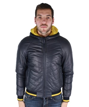 Armani Jeans ZGB04P ZGP03 011 Jacket. Armani Black Leather Jacket. Central Zip Closure. Elasticated Sleeve & Waist Endings. 100% Lamb Leather. Yellow On The Inside