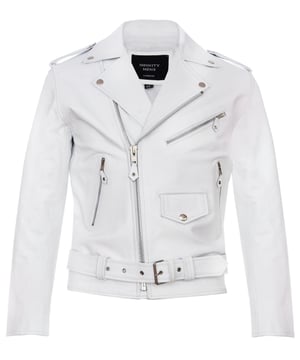 Esta elegante chaqueta de motociclista, de corte ajustado y de longitud corta, rezuma estilo. Disponible en otros colores, se caracteriza por una cremallera YKK descentrada en la parte delantera, acentuada por solapas anchas con muescas, hombreras y cinturón ajustable en la cintura.