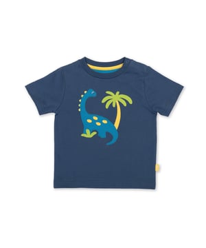 100% organic cotton | Proud to be certified to the Global Organic Textile Standard (GOTS) | Dinosaur appliqué design | OEKO-TEX Standard 100 (Product class I) appliqué backing | Navy blue | Single jersey (180-190 gsm) | Popper shoulder opening | Short sleeved | Round neck | Made in Turkey | Machine washable at 40 degrees, or at 30 degrees to be kinder to the planet
