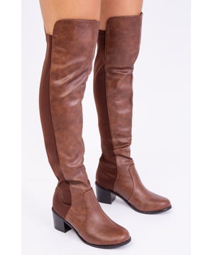 WOMENS THIGH HIGH MID HEEL BOOTS WITH STRETCH DESIGN.