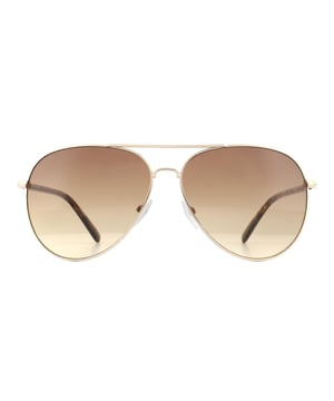 Calvin Klein Sunglasses CK19314S 717 Gold Tortoise Brown Gradient are a typical aviator style with large teardrop shaped lenses. A metal frame front features adjustable nose pads, and plastic temples showcase the Calvin Klein logo.